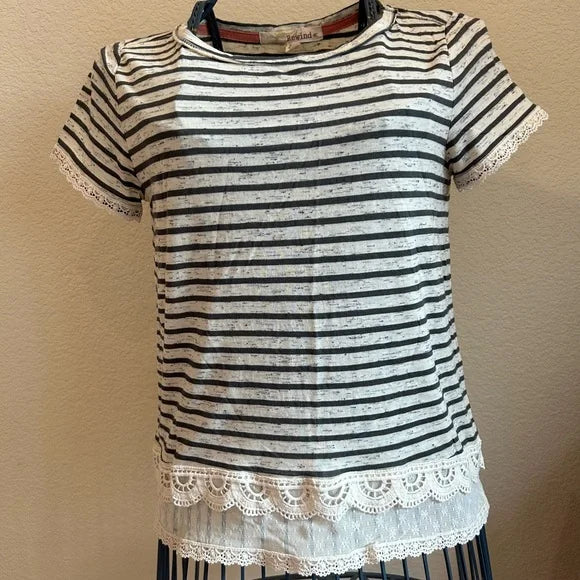 Black & White Striped Lace Trim Top – Size large