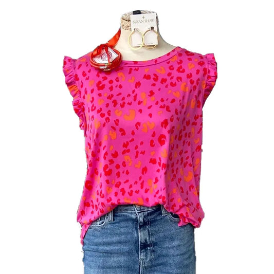 Hot Pink Leopard Ruffle Sleeve Top – Size Medium
