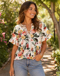 Floral Garden V-Neck Babydoll Blouse with Crochet Detail – Size Medium