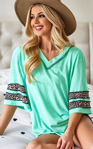 Mint to Be Leopard Sleeve V-Neck Top – Size Medium