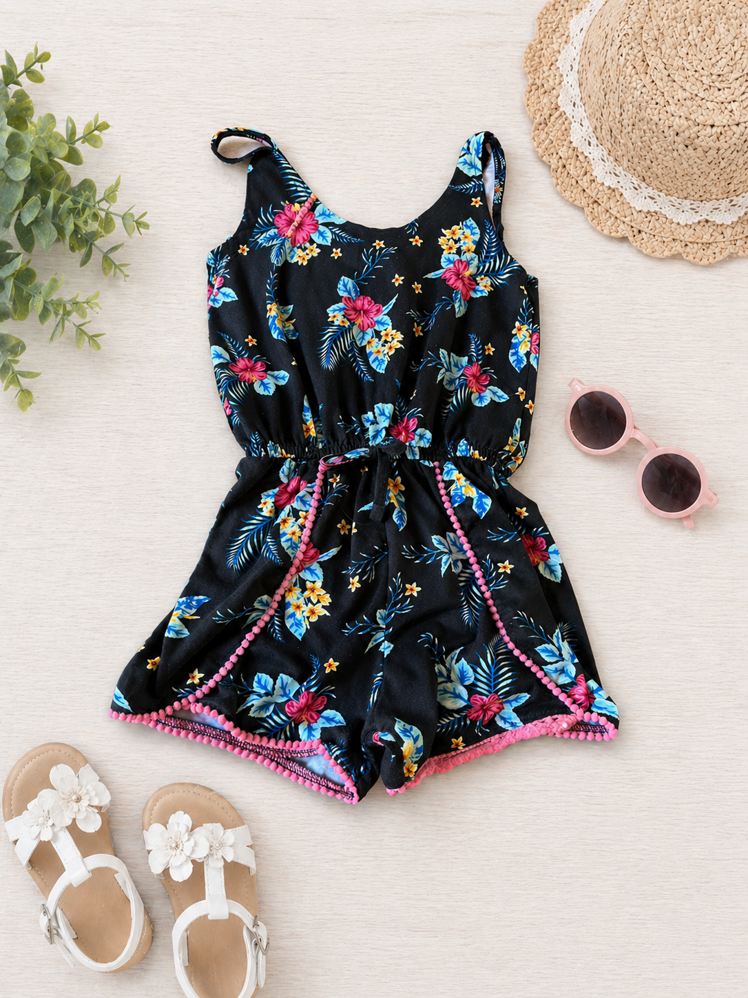 Girls' Tropical Floral Romper with Pink Pom-Pom Trim – Size 6/7