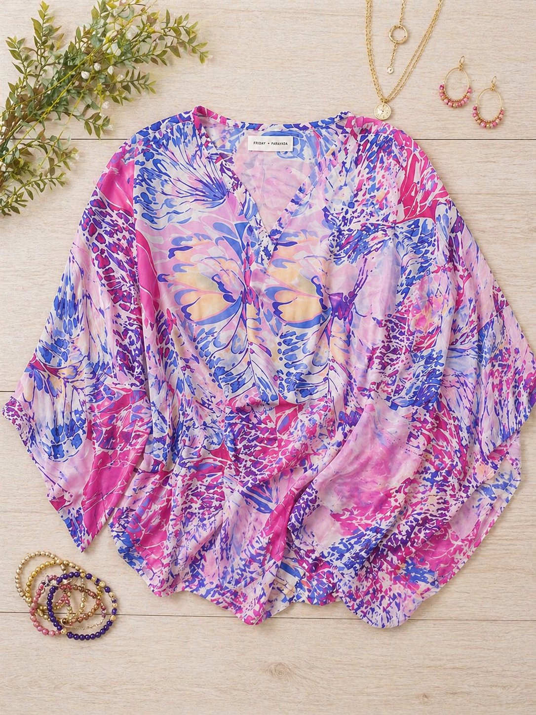 Vibrant Butterfly Print Oversized Blouse – Size Medium (Fits M–XL)