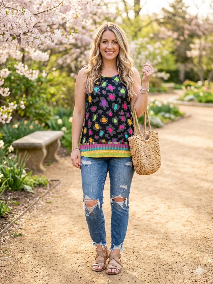 Neon Leopard Print Tank with Geometric Border – Women’s Size Large