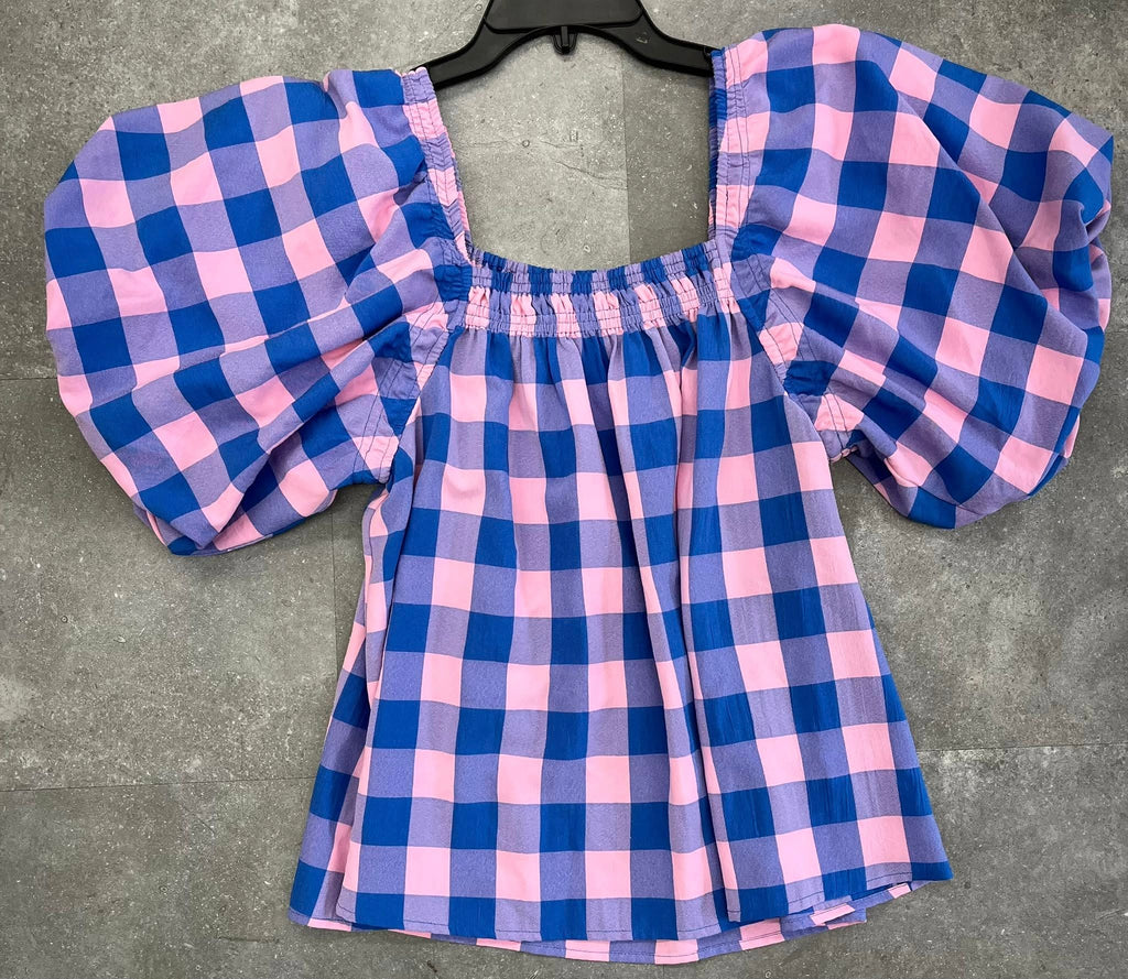 Sophia Gingham Puff-Sleeve Blouse - Size Large
