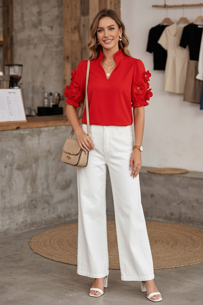 Valentina 3D Floral Sleeve Top - Crimson Red