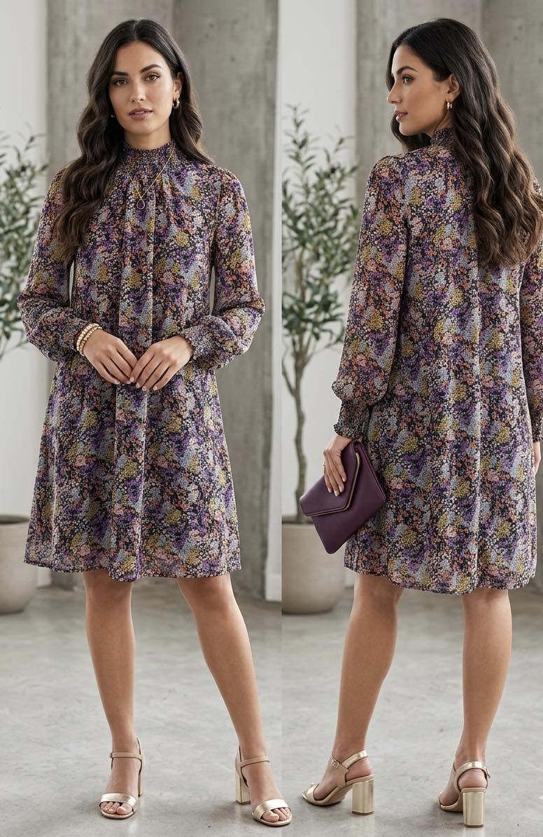 Autumn Meadow Mock-Neck Pleated Shift Dress - Size Medium