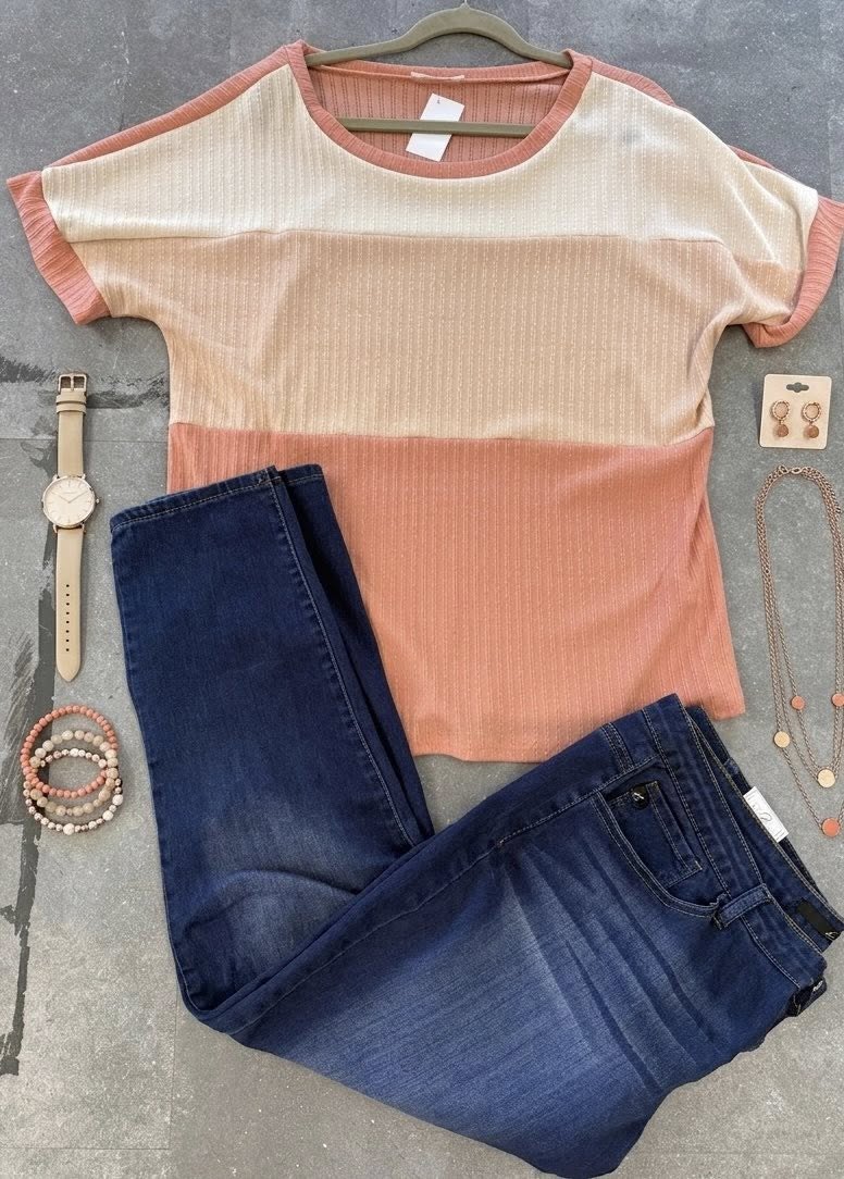 The Canyon Sunset Ribbed Top & Flex-Denim Set - Size (T) 2Xl (B)2XL