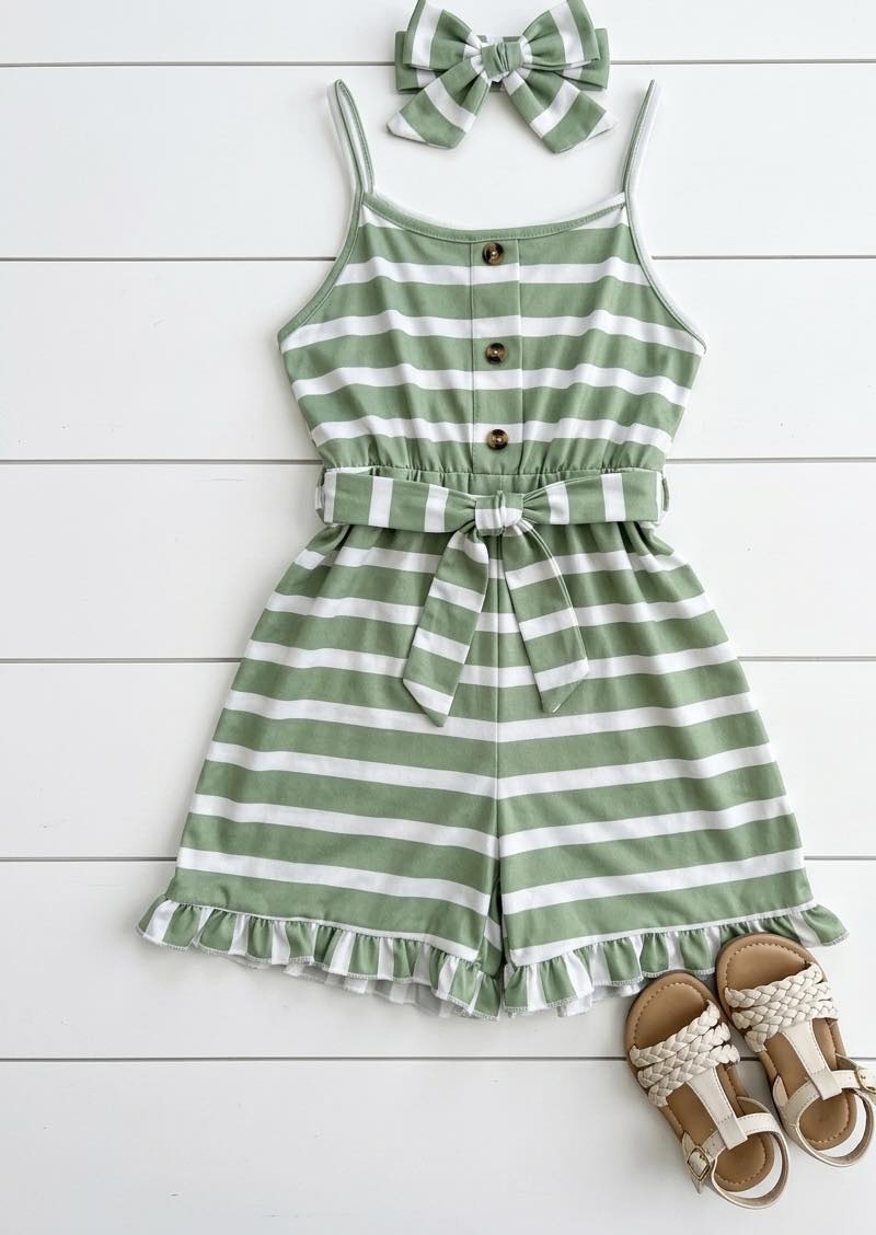 "Sage Stripes" Ruffled Romper Set