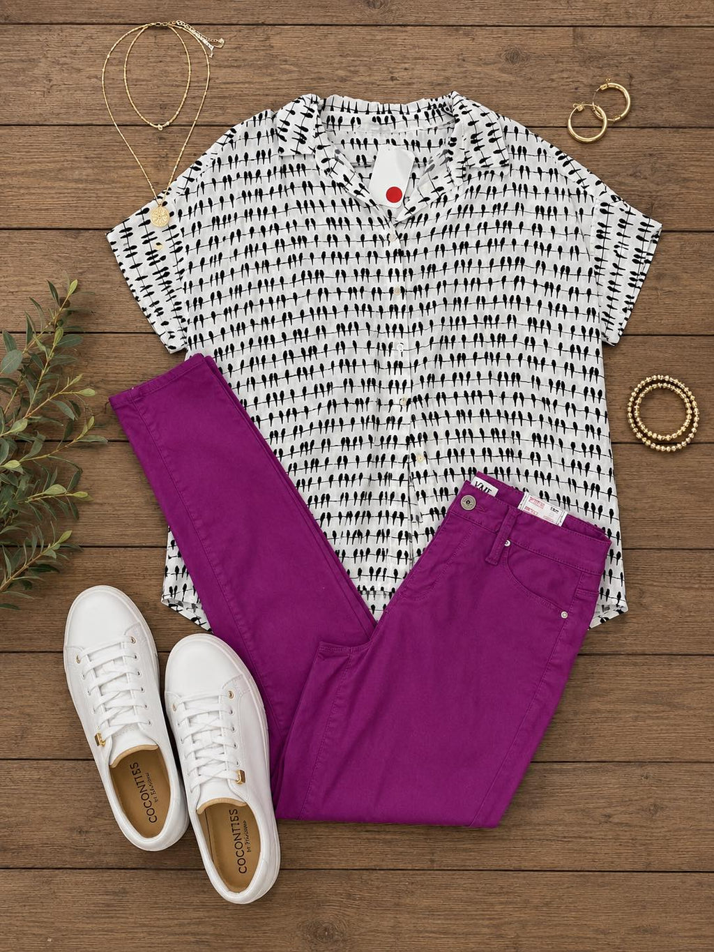 "Midnight Melody" Button-Up Blouse - Black & White Bird Print