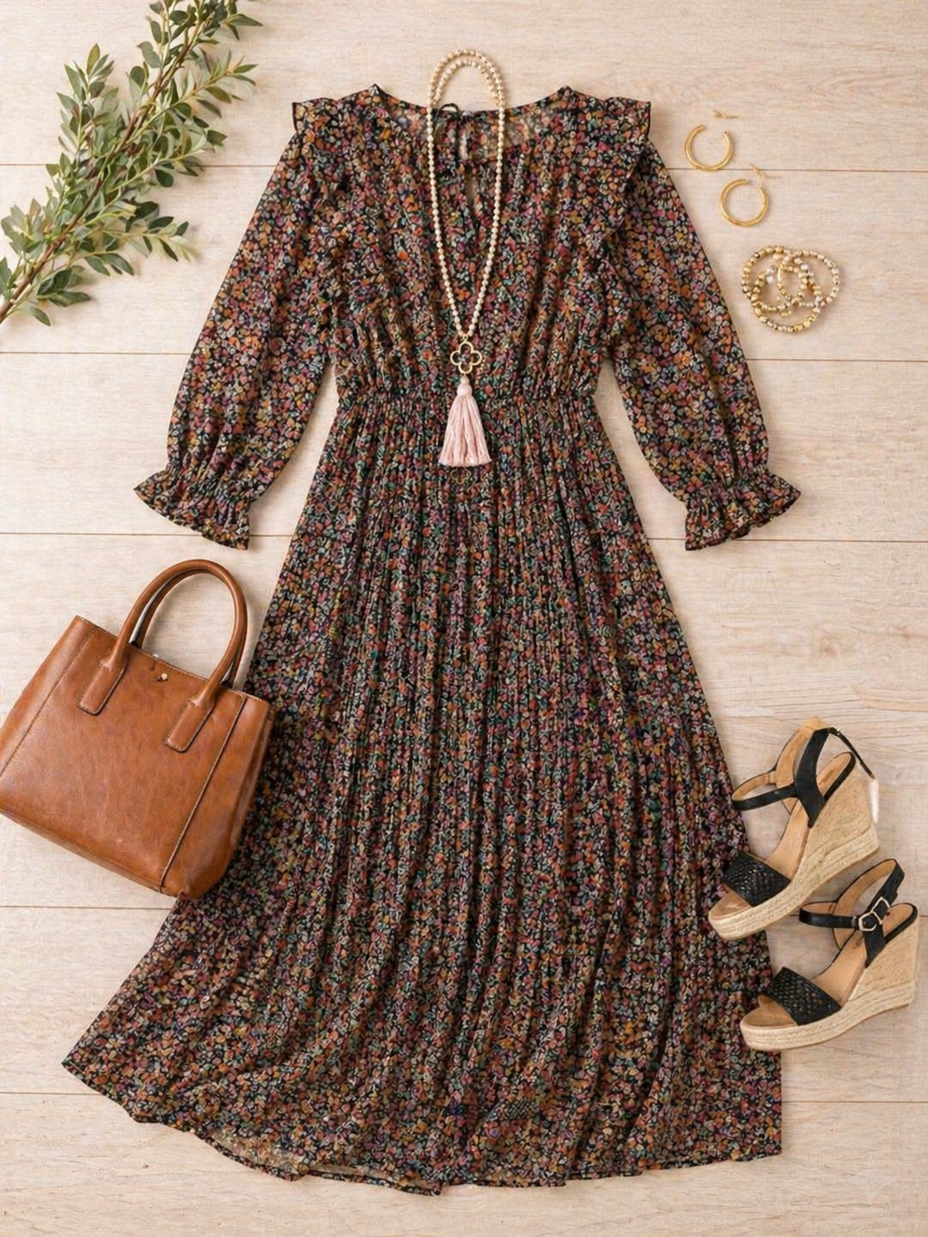 Romantic Floral Pleated Maxi Dress with Ruffle Details – Women’s Size Large