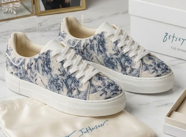 Betsey Johnson "The Sparkling Collectible" Size 8.5 Blue Floral Crystal Sneakers