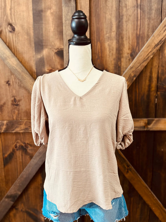 Neutral Puff Sleeve V-Neck Top – Size Small