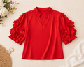 Valentina 3D Floral Sleeve Top - Crimson Red - WOMENS MEDIUM