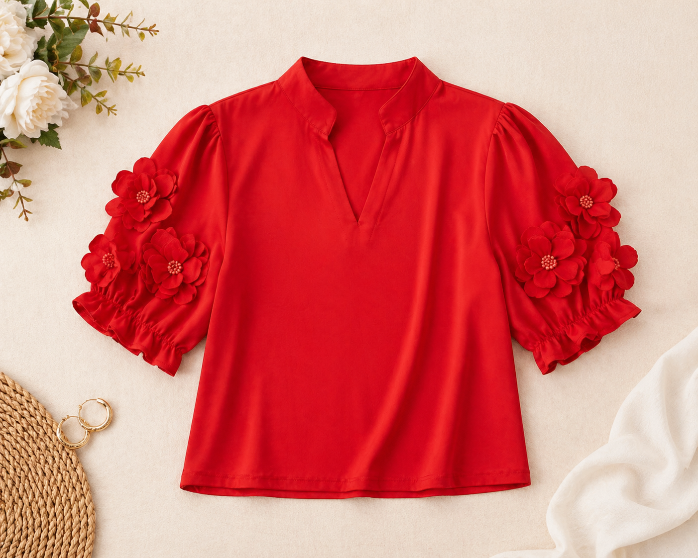 Valentina 3D Floral Sleeve Top - Crimson Red - WOMENS MEDIUM