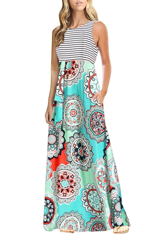 Boho Stripe & Mandala Maxi Dress – Size Large