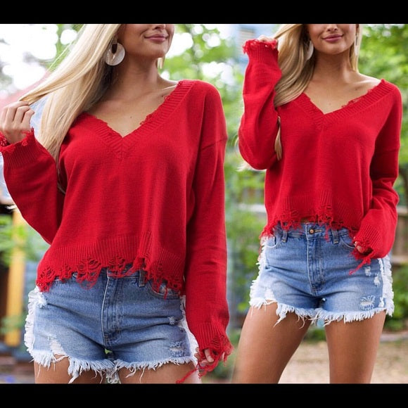 Bold Red Distressed Hem Sweater – Size Extra Small