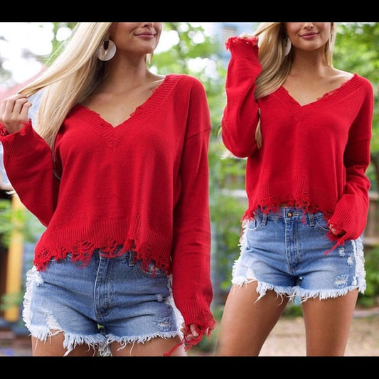 Bold Red Distressed Hem Sweater – Size Extra Small