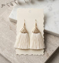 Hammered Gold Triangle Cream Tassel Earrings