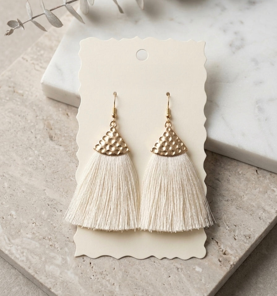 Hammered Gold Triangle Cream Tassel Earrings