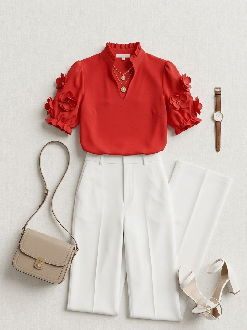 Valentina 3D Floral Sleeve Top - Crimson Red