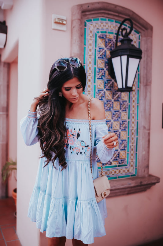 Sky Blue Boho Off-Shoulder Embroidered Dress – Size Small 🌸✨