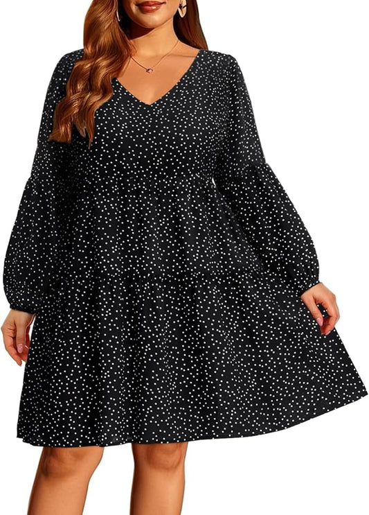 Midnight Polka Dot Tiered Swing Dress – Size Medium ⚫⚪✨
