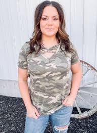 Camo Crisscross V-Neck Tee – Size Large