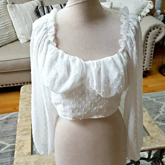 White Swiss Dot Ruffle Peasant Crop Top – Size Large