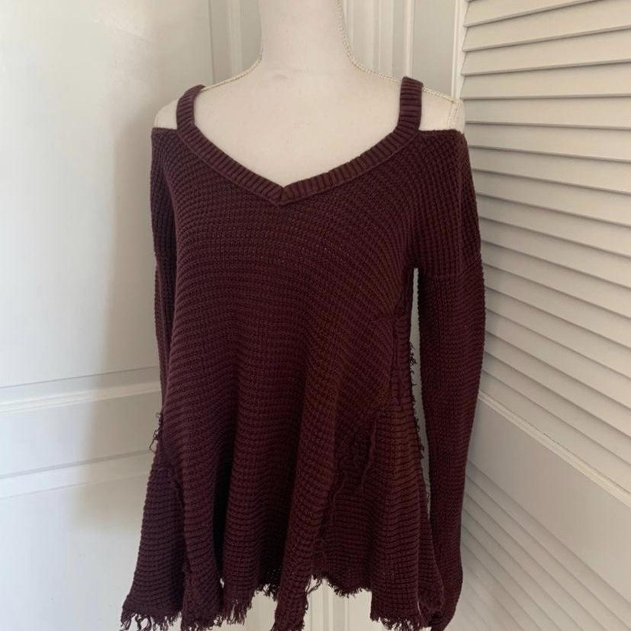 Burgundy Cold Shoulder Waffle Knit Sweater – Size Medium