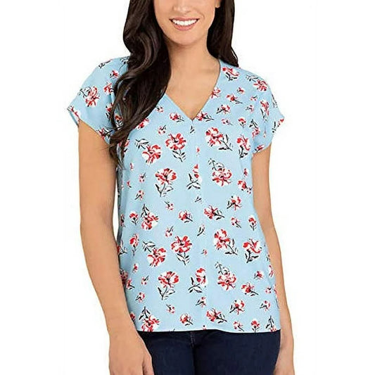 Sky Blue Floral V-Neck Top – Size Large
