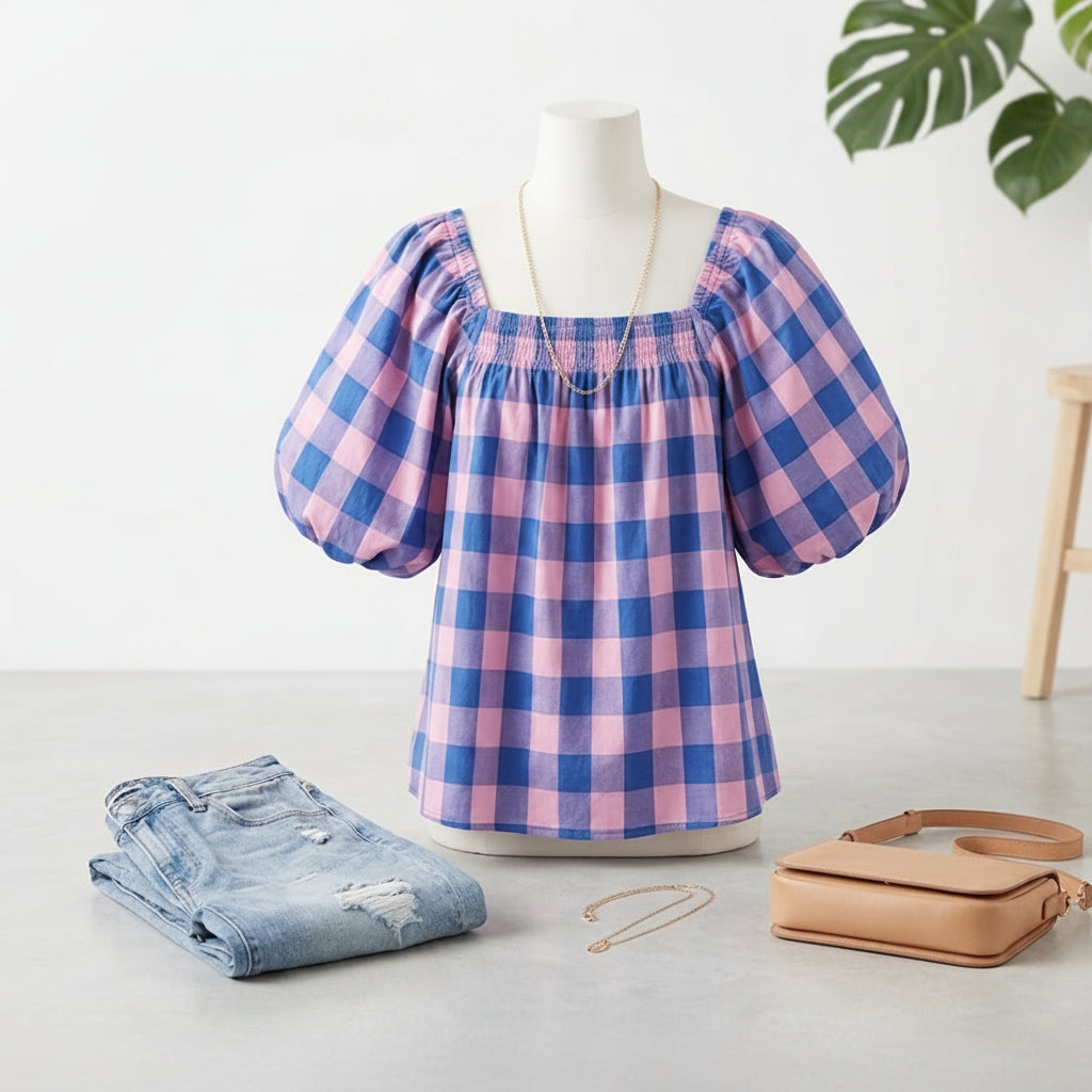 Sophia Gingham Puff-Sleeve Blouse - Size Large