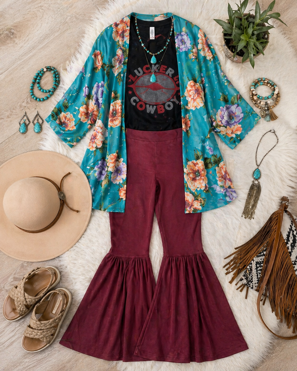 Boho-Chic Three-Piece Set: Floral Kimono, Graphic Tee & Flare Bell Bottoms – Size Medium