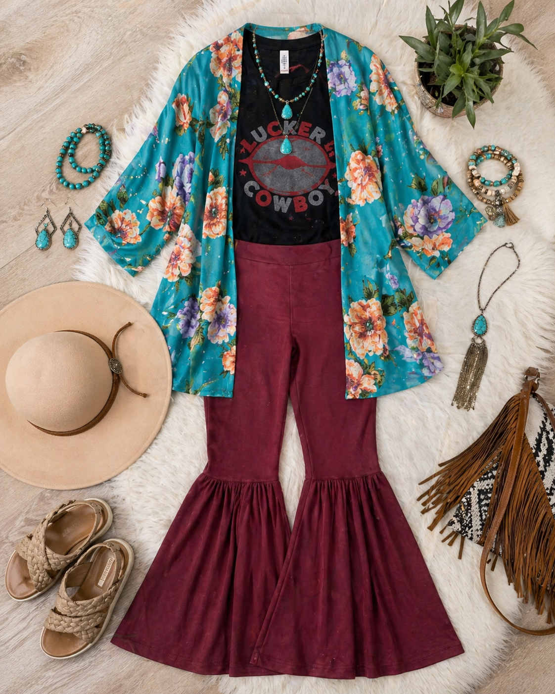 Boho-Chic Three-Piece Set: Floral Kimono, Graphic Tee & Flare Bell Bottoms – Size Medium