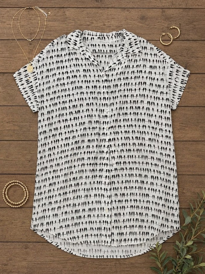 "Midnight Melody" Button-Up Blouse - Black & White Bird Print