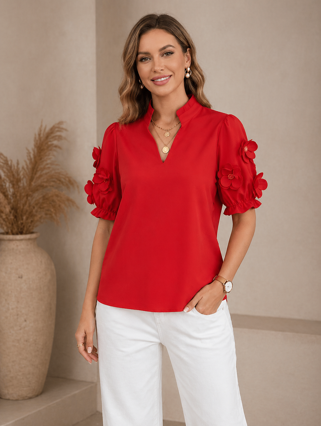 Valentina 3D Floral Sleeve Top - Crimson Red - WOMENS MEDIUM