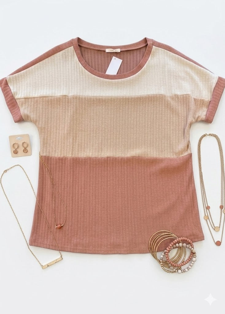 Blush Colorblock Ribbed Knit Top – Size XL