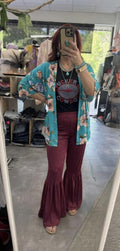 Boho-Chic Three-Piece Set: Floral Kimono, Graphic Tee & Flare Bell Bottoms – Size Medium