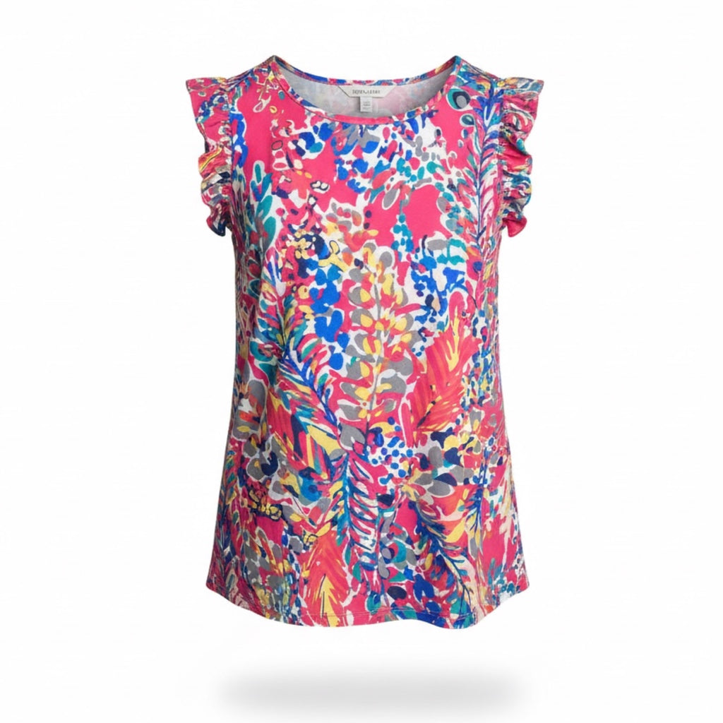 Vibrant Tropical Floral Ruffle Sleeve Top – Women’s Size Large